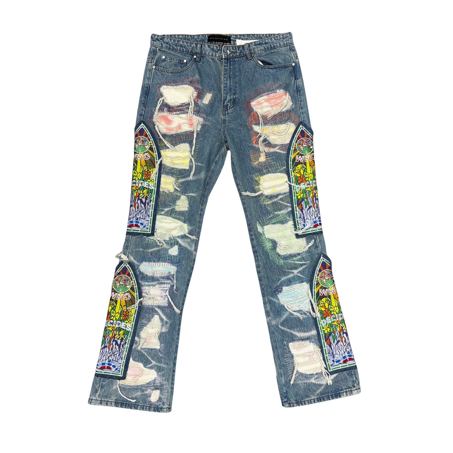 Used Who Decides War Stained Glass Multicolor Stitched Jeans - Sz 36